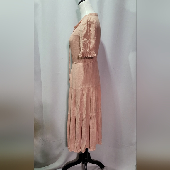 Sweet Wanderer Women's Pink Front Tie V-Neck Tiered Midi Dress Size Small EUC - Picture 5 of 9